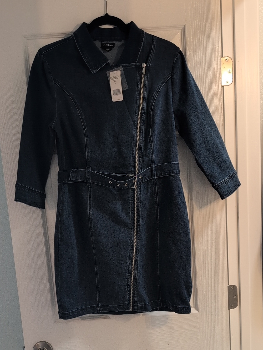 bebe Dark Indigo Denim Zip-Front Midi Dress